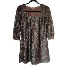 Christopher Deane Dress 3/4 Sleeve Scoop Web Mesh Metallic Brown Black A-Line 0